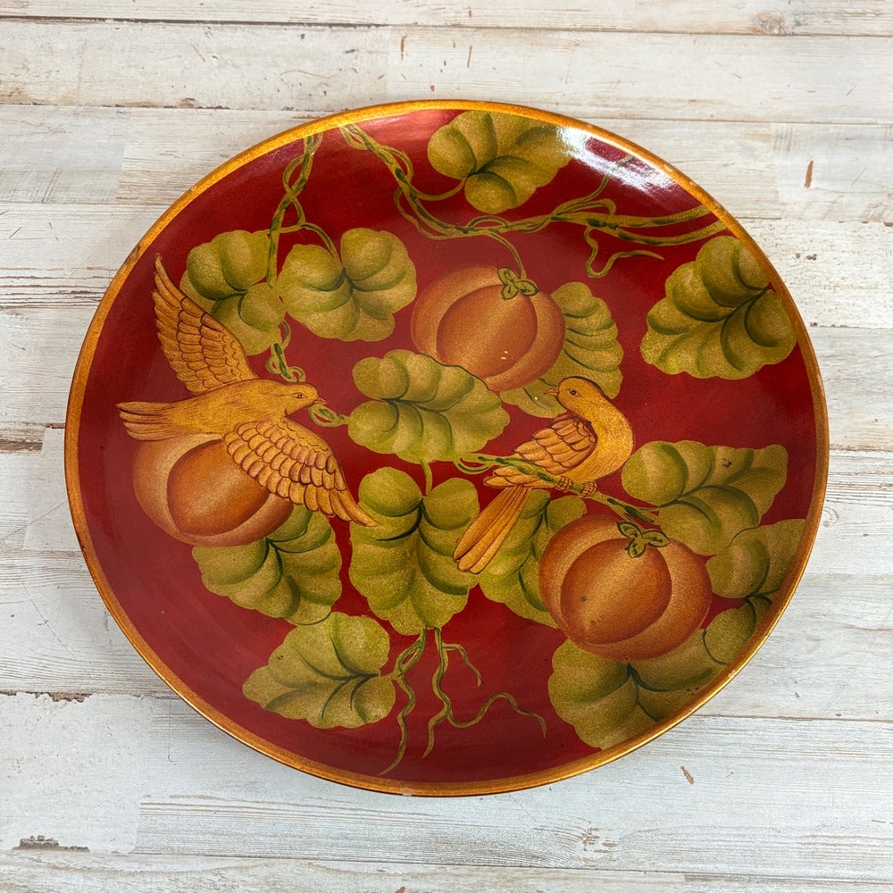Heavy 12” Decorative Painted Plate Bird Red Green Fruit Floral